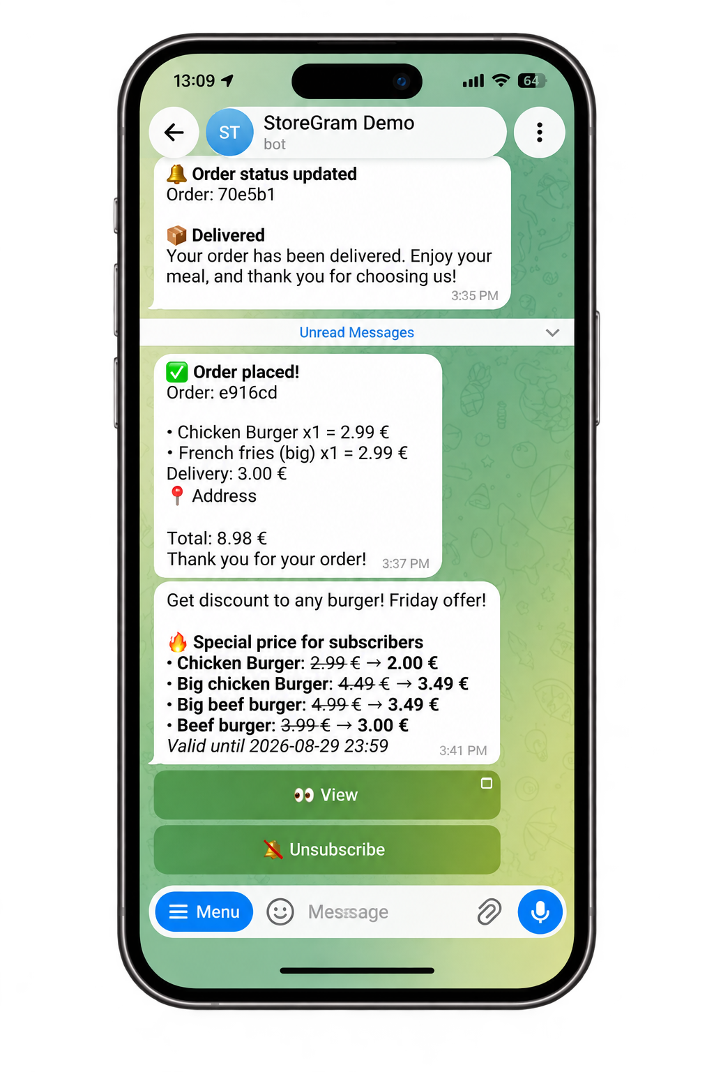 A campaign message in the guest's chat with the bot: a subscriber price list, with View and Unsubscribe buttons under it.