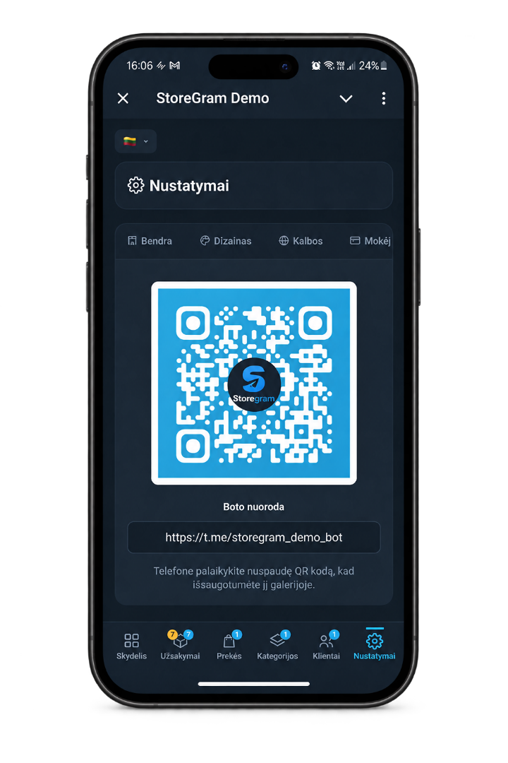The QR code for the storefront in the manager panel, with the bot link under it.