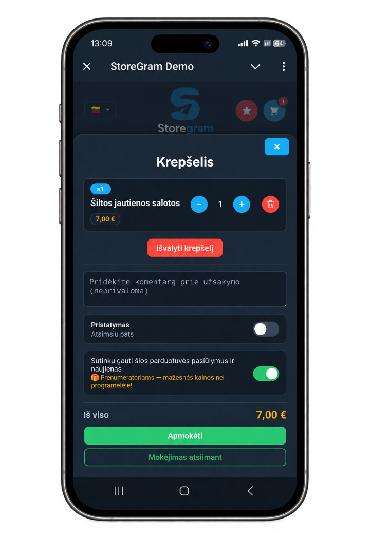 The cart on a phone: items, a comment, delivery choice and the Pay button.