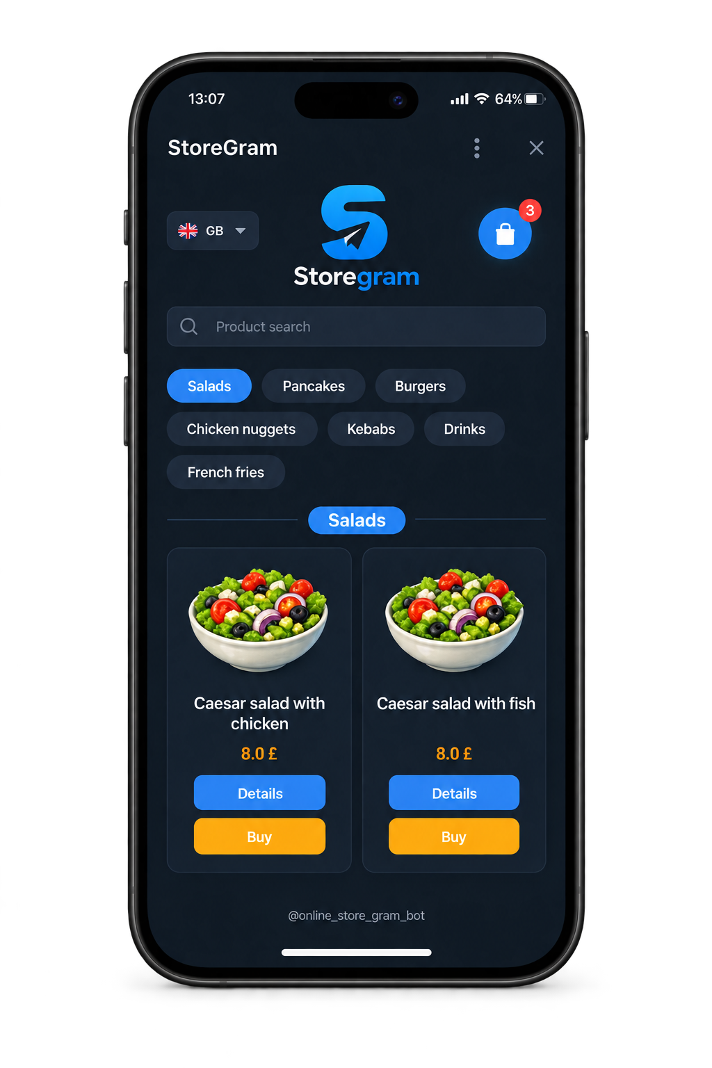 A Storegram menu open inside Telegram: search, category pills, and product cards with Details and Buy buttons.