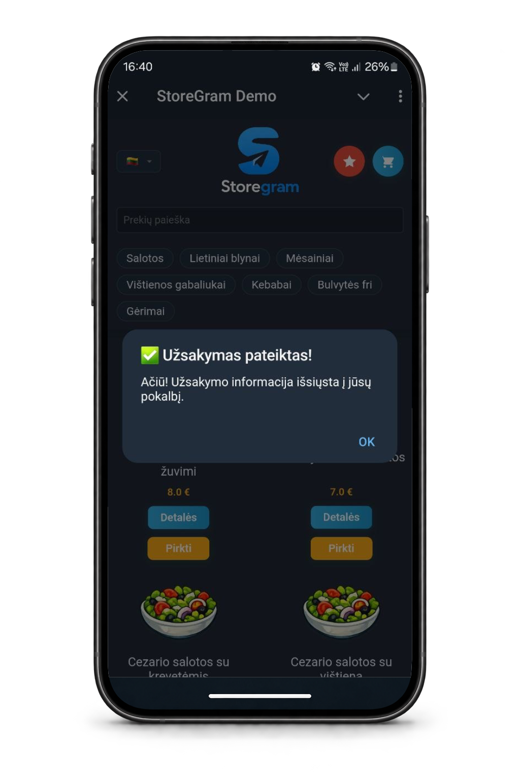 The storefront on a phone with an order-placed confirmation over the menu.