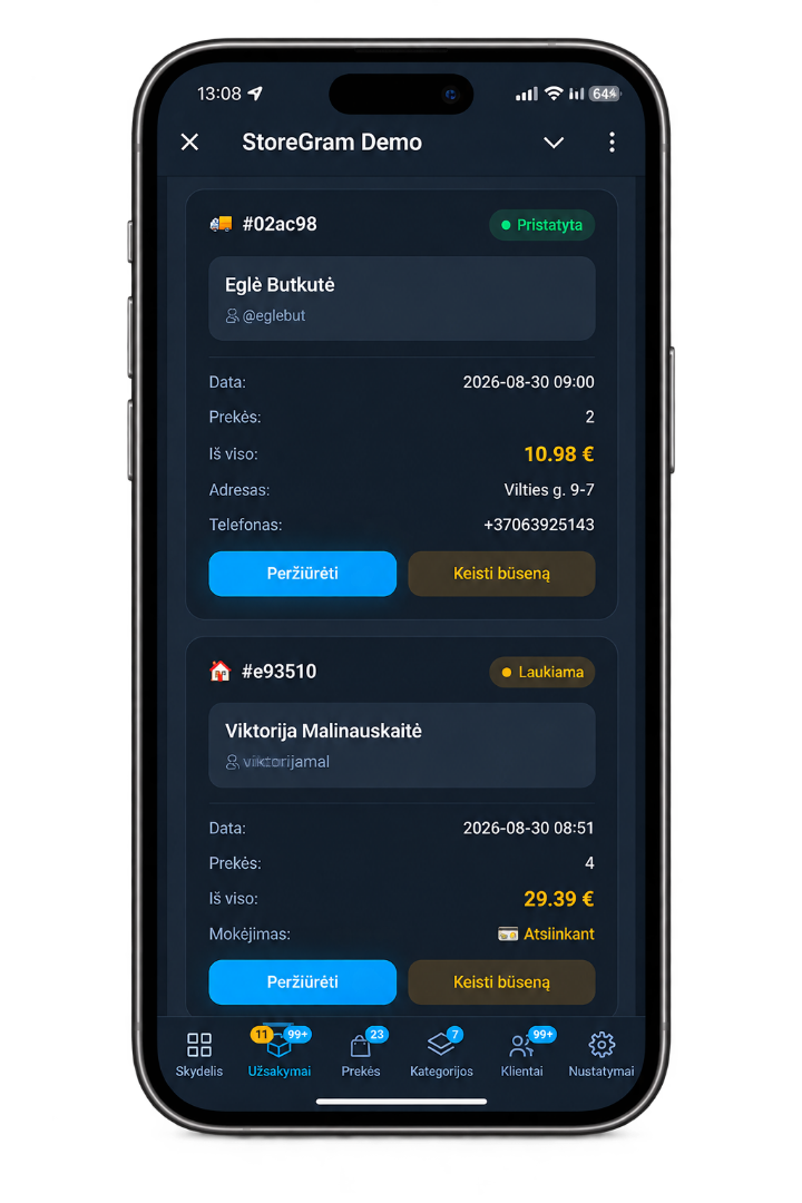 The order list in the manager panel on a phone: statuses, totals and delivery details.