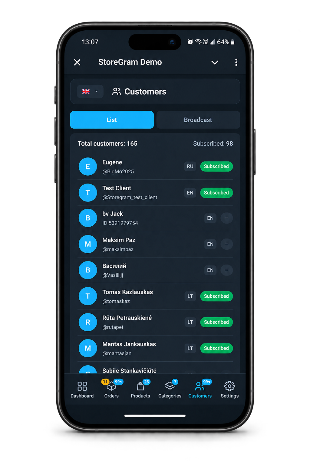 The customer list in the manager panel on a phone: names, languages and who is subscribed.