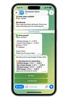A campaign message in the guest's chat with the bot: a subscriber price list, with View and Unsubscribe buttons under it.