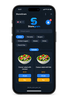 A Storegram menu open inside Telegram: search, category pills, and product cards with Details and Buy buttons.