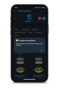 The storefront on a phone with an order-placed confirmation over the menu.