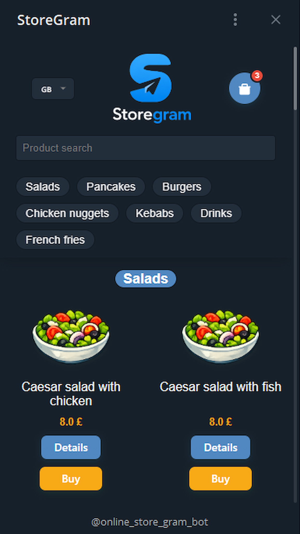 Storegram branded ordering store inside Telegram — menu