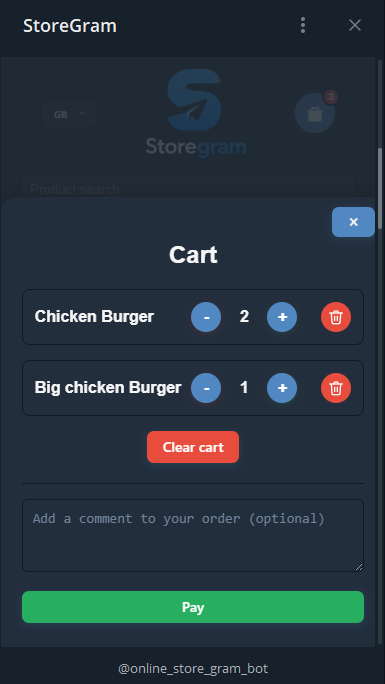Storegram branded ordering store inside Telegram — cart